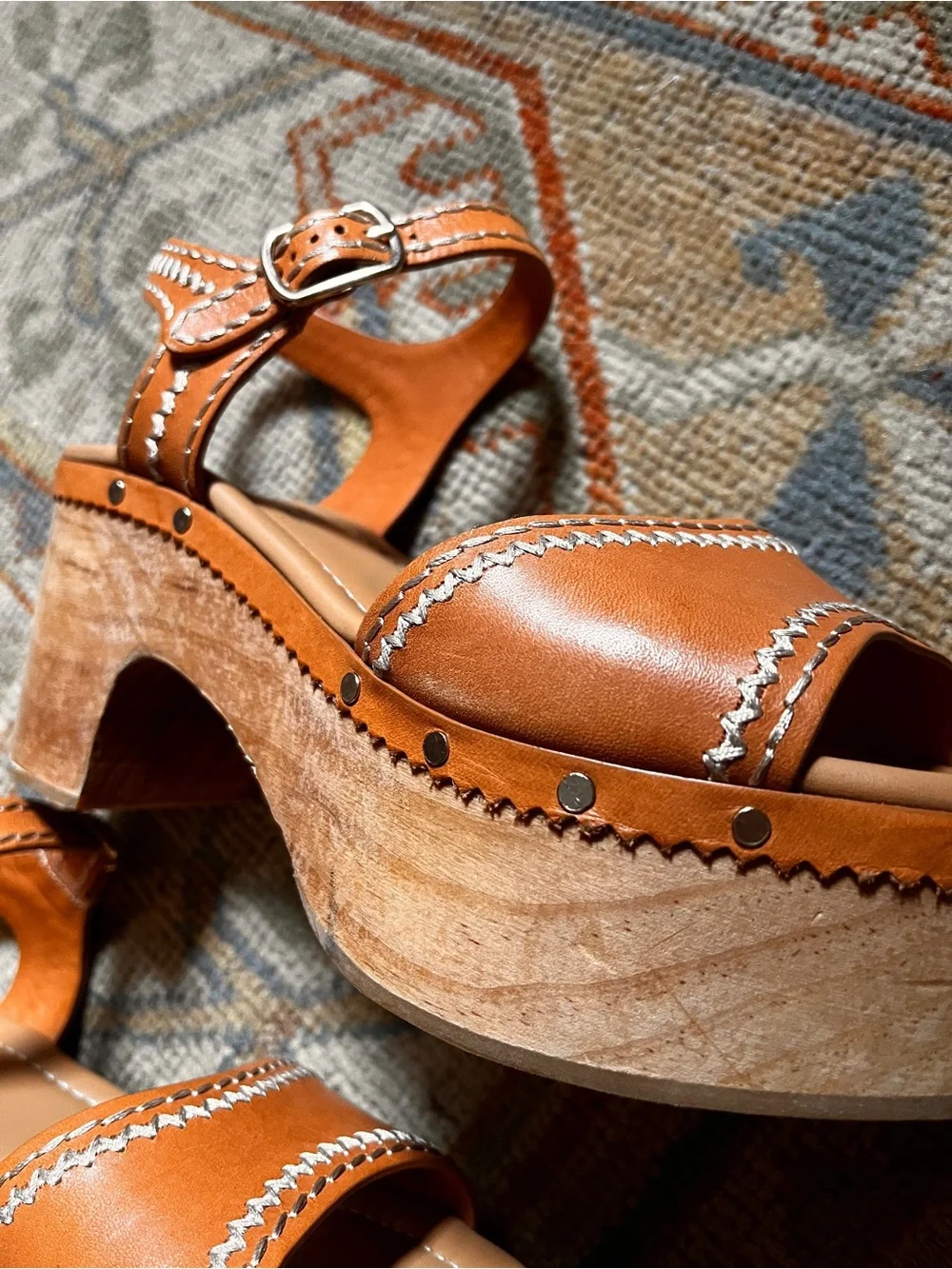 Sandro Cognac Leather Platform Clog Sandals with Wood Heel - Picture 6 of 6